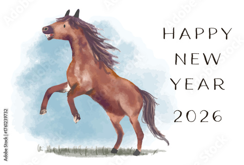 水彩タッチの躍動する馬（午）の力強い新春イラストレーション（年賀状2026）