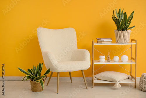 Fotomural Stylish interior of room with sansevieria plants, armchair and shelving unit nea