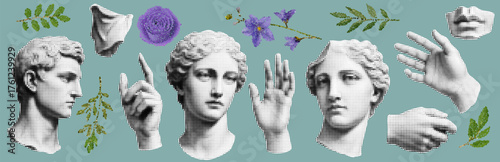 Statue Head Collage Kit. A greek sculpture with flowers and halftone effect for a retro vaporwave aesthetic..