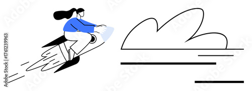 Woman riding a rocket with dynamic motion lines representing progress, innovation, and growth accompanied by a simplistic cloud. Ideal for innovation, ambition, goal achievement, entrepreneurship