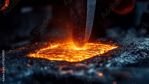 Intense Metal Forging Process: Molten Metal and Hammer in Industrial Setting Close-Up View