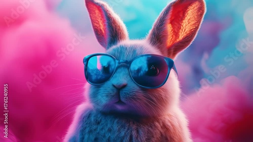 Cool Rabbit with Sunglasses in Colorful Cloud Background: Adorable and Fun Animation