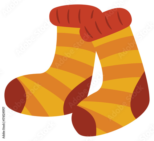 Warmth and coziness exude from orange striped socks with red cuffs, perfect for autumnthemed designs and seasonal content. Ideal for fall marketing campaigns.