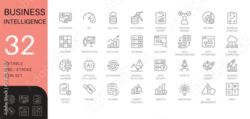 Business intelligence (BI) and data analytics line icon set. Thin line vector symbols for dashboard, big data, and machine learning. Includes AI and SQL icons.