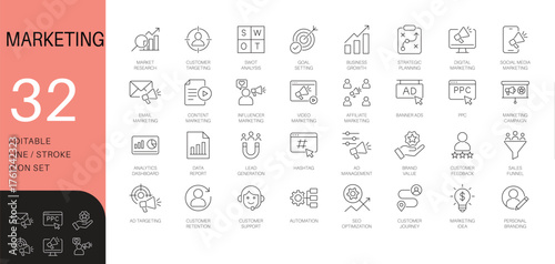 Digital marketing and advertising line icon set. Thin line vector symbols for SEO, PPC, and content marketing. Includes sales funnel and analytics icons.