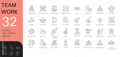 Teamwork and collaboration line icon set. Thin line vector symbols for business, strategy, and success. Includes partnership and leadership icons.