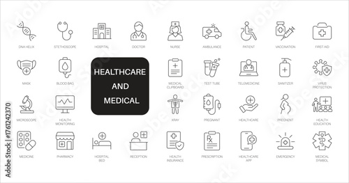 Medical and healthcare line icon set. Thin line vector symbols for hospital, doctor, and pharmacy. Includes telemedicine and vaccination icons.