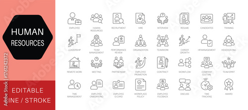 Human resources (HR) and recruitment line icon set. Thin line vector symbols for team management and employee onboarding. Includes remote work icons.