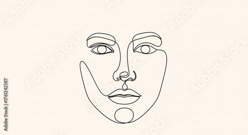 Abstract Line Art Portrait of a Serene Female Face, Minimalist Style Illustration