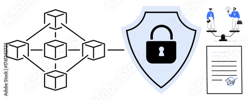 Blockchain structure linked to security shield, legal document with signature, scale with individuals. Ideal for data security, blockchain tech, legal compliance, trust, transparency, ethics
