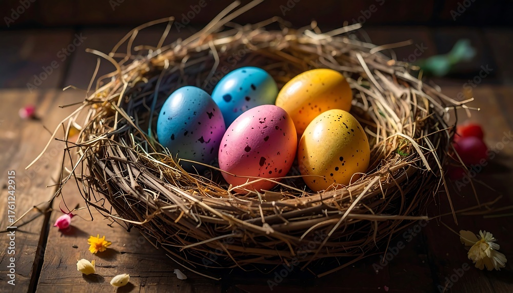 Obraz premium Colorful speckled eggs nestled in a twig nest on a wooden surface