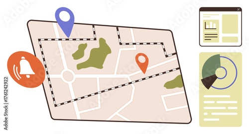 Map with route, pins, chart, and alert. Ideal for navigation, planning, data tracking, notifications urban mobility location analytics and wayfinding. Simple flat metaphor
