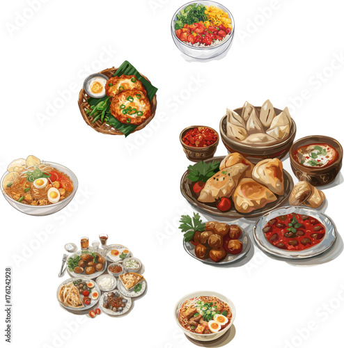 illustration of set Georgian and Hawaiian cuisine