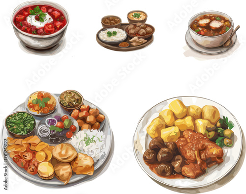 Polish and Qatari cuisine no background, set of country cuisine