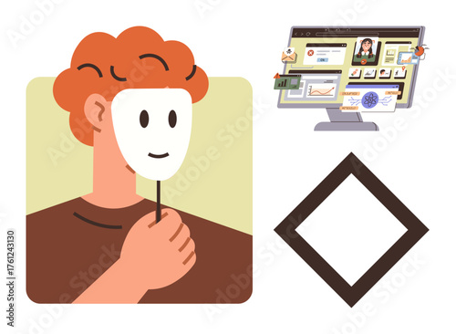 Person holding a smiling face mask, representing identity and deception, computer screen showing digital activity, abstract diamond for design. Ideal for identity, deception, disguise, online