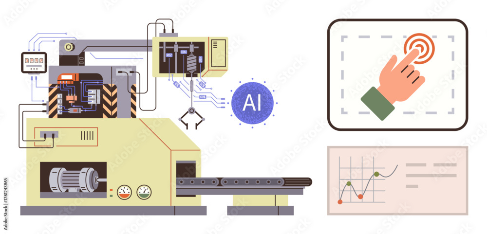 Fototapeta premium Factory machine with robotic arm, AI integration, touch interface, and data chart analytics. Ideal for innovation, automation, technology, AI manufacturing robotics efficiency. Simple flat