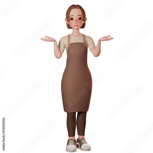 3D Render of beautiful barista cartoon in brown wears. Show shrugging pose. advertising, presentations, UIUX design, promotional materials.