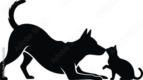 Dog silhouette playful stance with cat silhouette sitting upright paw raised, animal interaction vector illustration, domestic pets artwork, friendship design, stock image