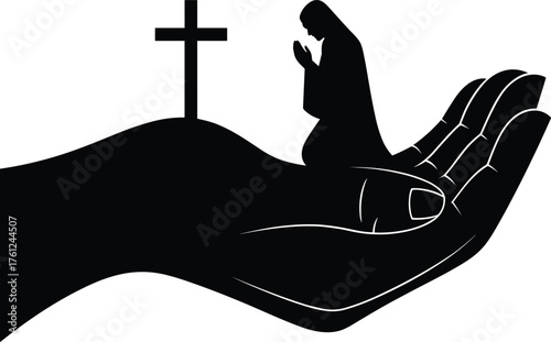 Silhouette of praying person on hand with Christian cross, symbol of faith, spirituality, divine protection, religion, hope, worship, devotion