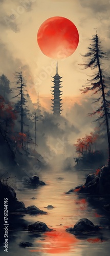 A painting in black and red depicting a traditional Asian pagoda.