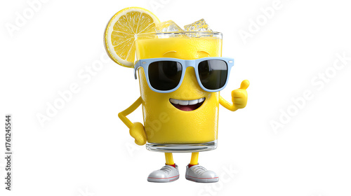 Lemonade Character with a Thumbs Up: An anthropomorphic lemonade character, sporting sunglasses, ice cubes, and a lemon wedge, exudes cheerfulness with a thumbs up, symbolizing refreshing enjoyment. 