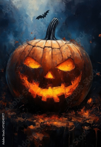 A carved pumpkin with a creepy smile. Halloween atmosphere.