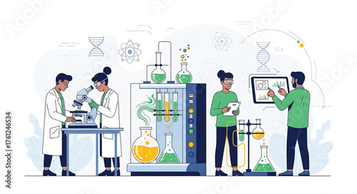Scientific Research and Laboratory Experimentation with Diverse Scientists Conducting Various Tests