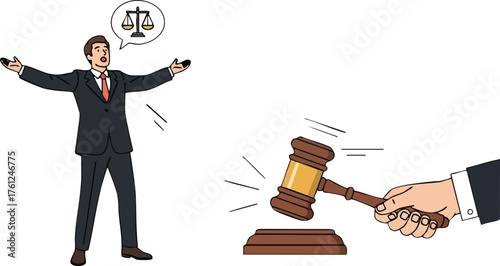 Businessman pleading for justice as judges gavel makes final verdict. creative background style inspiration