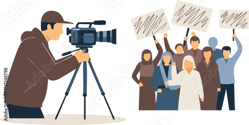 Cameraman Filming Protest with Signs. style inspiration illustration concept design creative background style inspiration