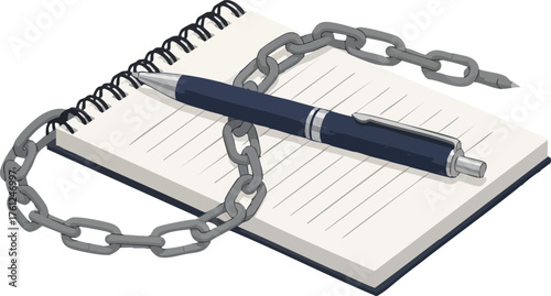 Chained Notepad and Pen Restricted Writing Concept. illustration concept design creative background style inspiration