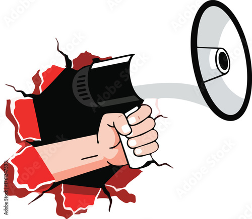 Hand Holding Megaphone Breaking Through Wall. inspiration illustration concept design creative background style inspiration