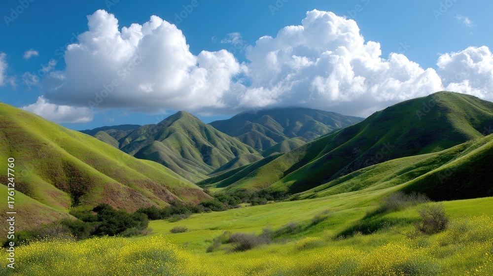 Naklejka premium Lush Green Rolling Hills Under Bright Blue Sky with Fluffy Clouds in a Scenic Landscape