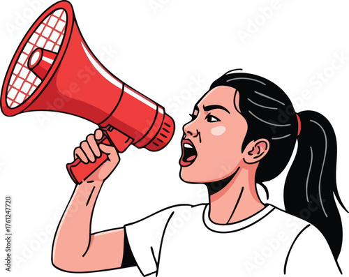 Illustration of a female activist shouting into a red megaphone. creative background style inspiration