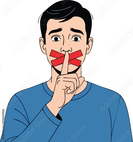 Man Silenced Red Tape Shush. style inspiration illustration concept design creative background style inspiration