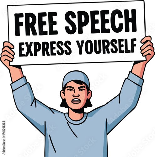 Person holding a protest sign for free speech and expression. creative background style inspiration
