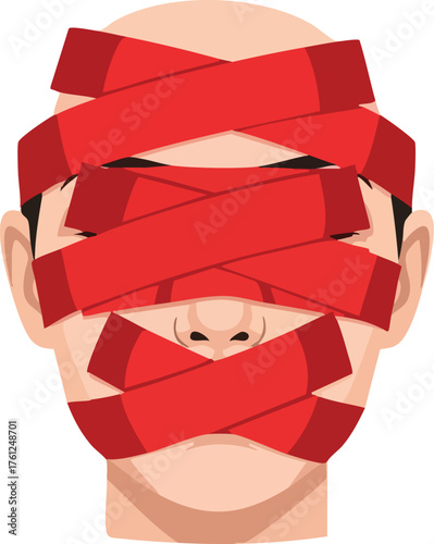 Silenced Man Red Tape Over Face and Mouth. concept design creative background style inspiration