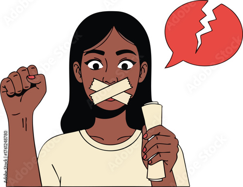 Silenced Woman Holding Document Fist Raised in Protest. concept design creative background style inspiration