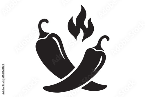 Stylized black silhouette of two crossed hot chili peppers with flames isolated on white background