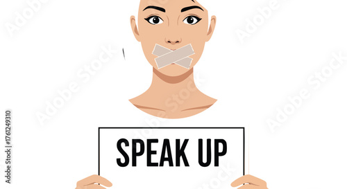 Woman with Taped Mouth Holding Speak Up Sign. concept design creative background style inspiration