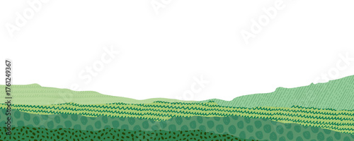 Rice field collage agriculture texture for abstract farm background. Farmland landscape illustration with textures and patterns. Agro banner in Asian style. Rural Vietnam or Tuscany aesthetic.