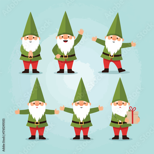 A collection of six cute cartoon Christmas gnomes with long white beards and pointy green hats.