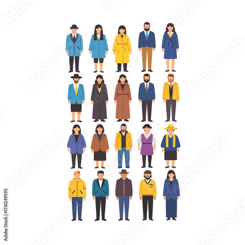A diverse collection of flat vector people illustrations in various outfits and styles.