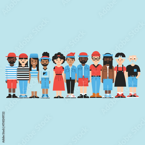 A diverse group of flat design cartoon characters standing together in a row representing community and multiculturalism.