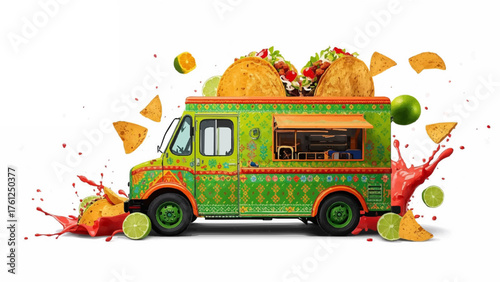 Fiery Taco Truck Surrounded by Floating Mexican Street Food Delights