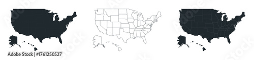 Set of United States of America maps. Collection of USA map silhouette, outline with state borders, and detailed political map