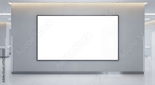 A blank white screen framed on a gray wall in a modern, well-lit hallway.
