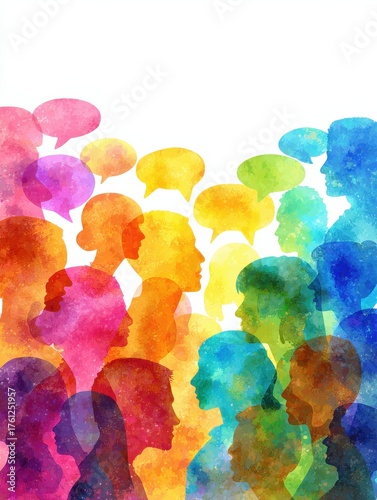 Wallpaper Mural diverse colorful thinking and speech bubbles surrounding a panoramic banner of silhouetted community members heads representing dynamic team collaboration and effective communication illustration Torontodigital.ca
