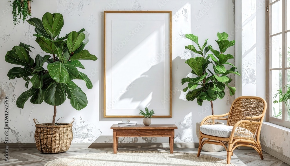 Fototapeta premium Bright Interior with Fiddle Leaf Fig Trees and Blank Frame.