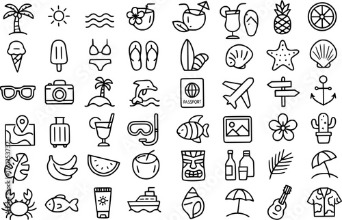 48 Icon Set, Tropical Theme, Outline Version