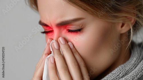 Woman experiencing nasal discomfort and symptoms. Concept of viral disease, cold, red nose and eyes.